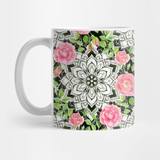 Peach Pink Roses and Mandalas on Black and White Lace Mug